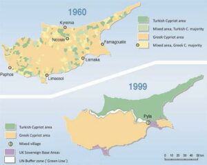 Map of Cyprus before and after the Turkish invasion in 1974